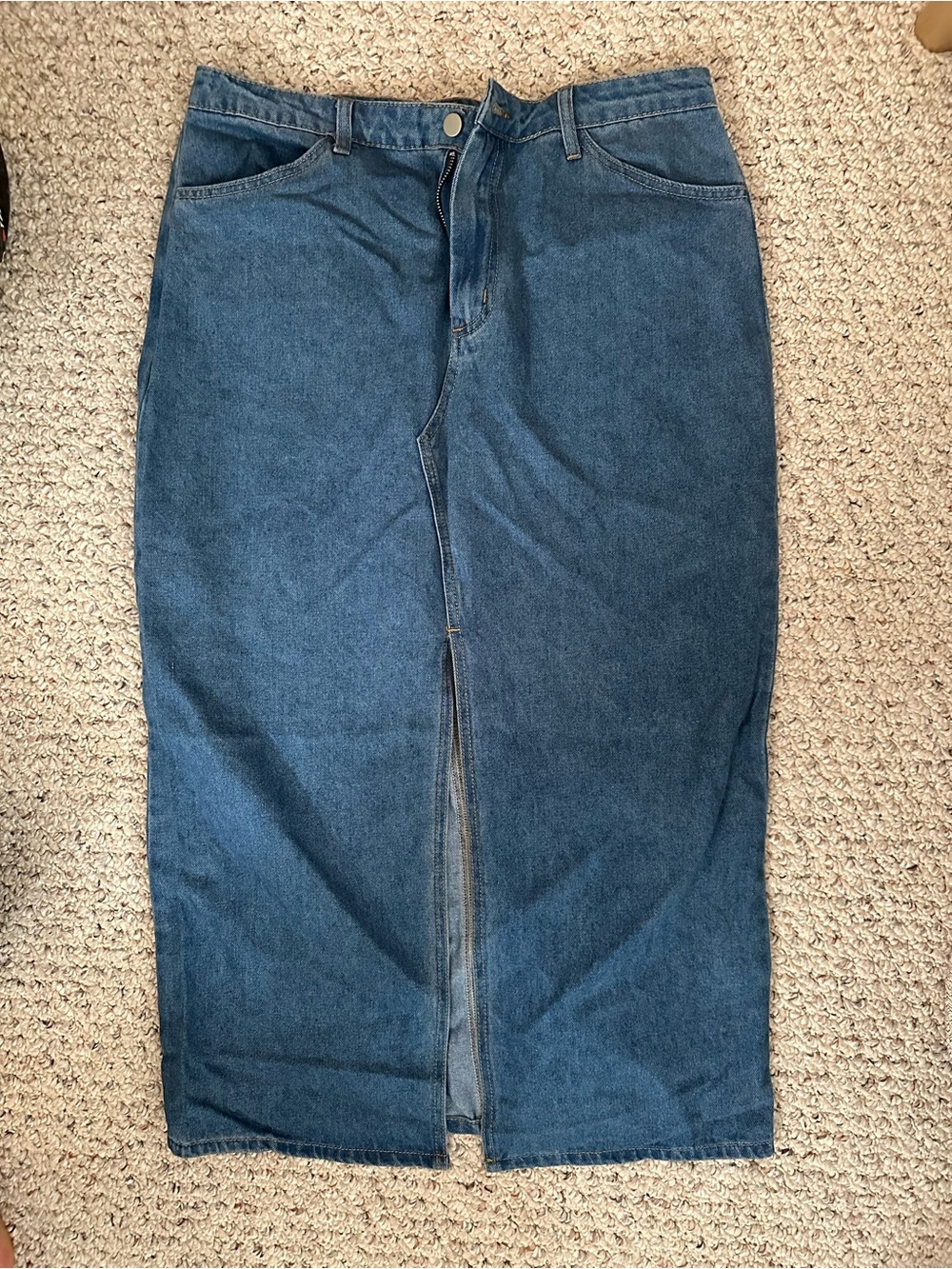 Lulu's Dark Blue Straight Denim Skirt with Front Slit